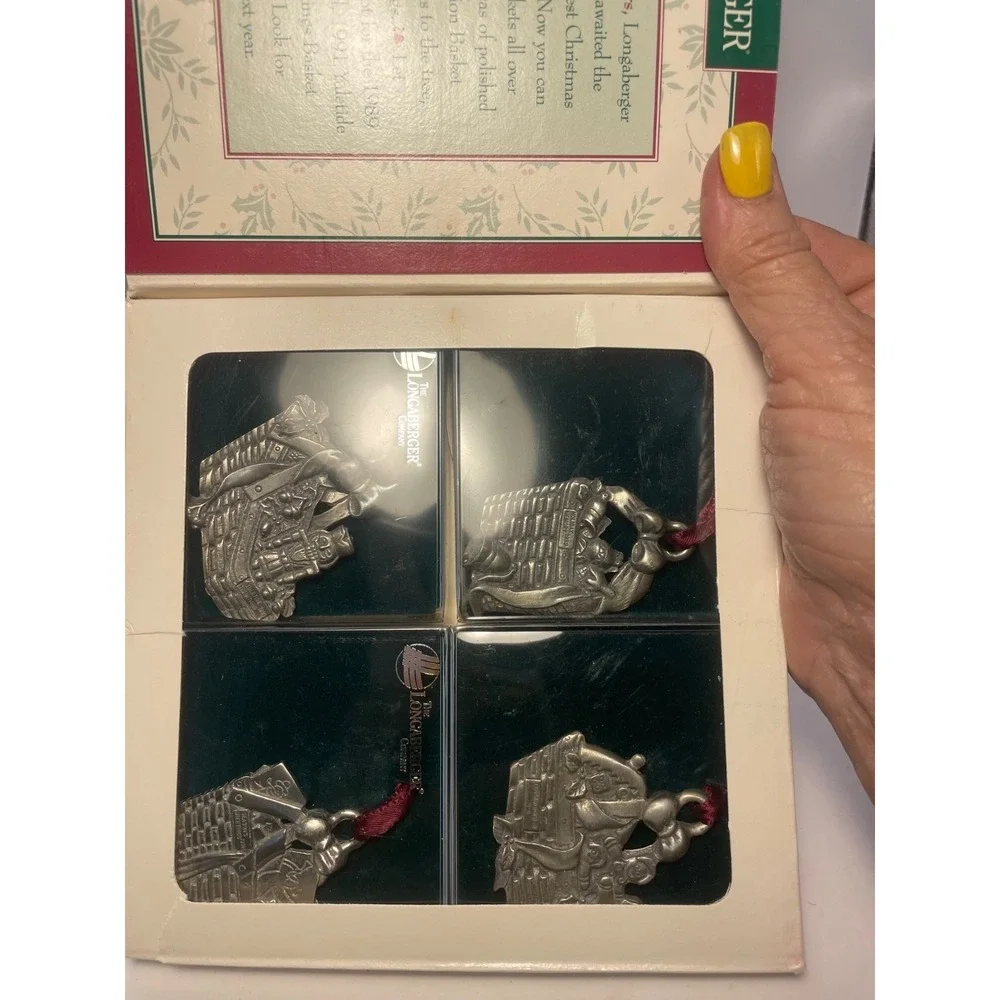 Longaberger Basket Pewter Tie On Christmas Ornaments Set of 4
